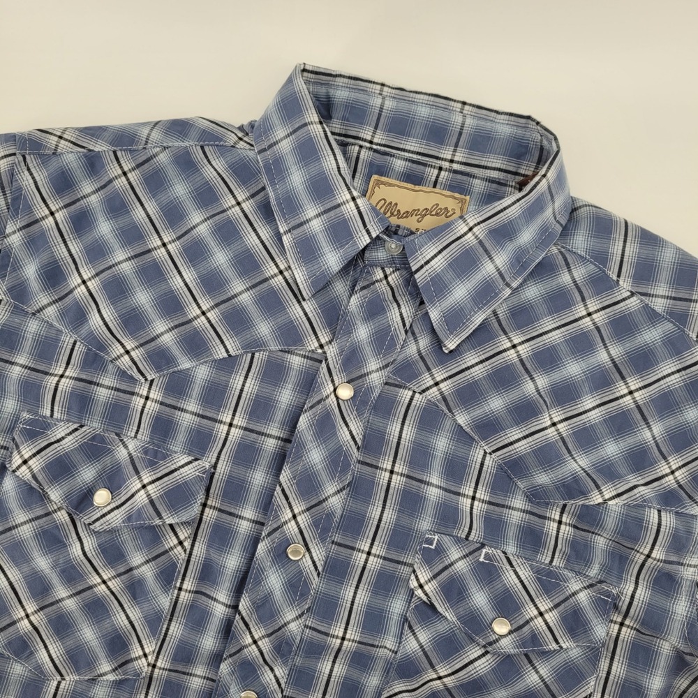 Wrangler Western Shirt Mens Large Blue Plaid Pearl Snap Short Sleeve